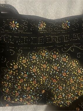 Black Vintage Beaded Peacock Corduroy Drawstring Bucket Shoulder Bag